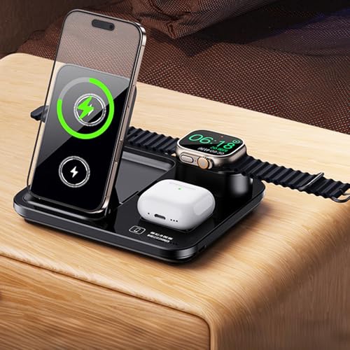 IHAO 3in1 Auto-Rising Wireless Charging Station 15W Fast Charge Ultra-Slim Foldable Design Wireless Charger for Phone Earbud and i-Watch QC3.0 & PD Compatible - color: 3in1 wireless Charger R13 Black