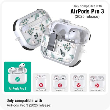 WENEW for AirPods Pro 3 Case (2025) Cover Secure Lock Automatic Snap Switch Clip Cleaner Kit Lanyard Women Stylish Flower Hard Shell Full Body Front LED Visible (Green Leaves, AirPods Pro 3) - color: Green Leaves, size: AirPods Pro 3