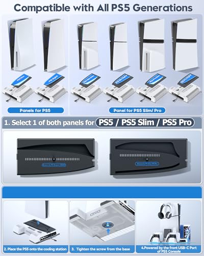 OIVO PS5/Slim/Pro Stand and Cooling Station with LED Controller Charging Station for PlayStation 5 Console, Controller Charger, Cooling Stand, PS5/Slim/Pro Accessories Kit with 3 Level Cooler Fan - color: White & Black