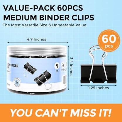 Binder Clips, KURULO 60pcs Medium Binder Clips 1.25 Inches | Sturdy Binder Clip Medium for Office Supplies, School, Home, Black Metal Paper Clamps, Office Clips with Storage Box