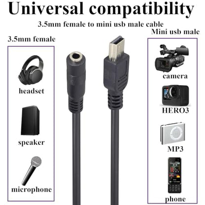 3.5mm to Mini USB Cable Mini USB Male to 3.5mm Female Audio Cable | 3.5 Female TRRS 4-Pole Jack to 5 Pin Mini USB Male Mic Cord Adapter Cable [1Ft/30cm-2Pack]