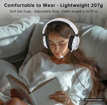 AOC Wired Gaming Headset for Xbox, PS5, PC, HD Mic, Stereo Bass, 79in Cable | 207g Ultra-Lightweight, In-Line Controls, Soft Earmuffs, Gaming Headphones with 3.5mm Splitter, Gamer Gifts - color: White