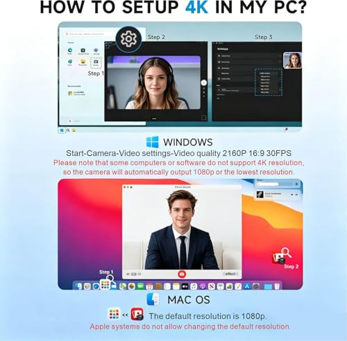 4K Webcam with USB C Adapter and Privacy Cover – Built-in Microphone, Plug & Play for PC/Mac/Laptop/Desktop