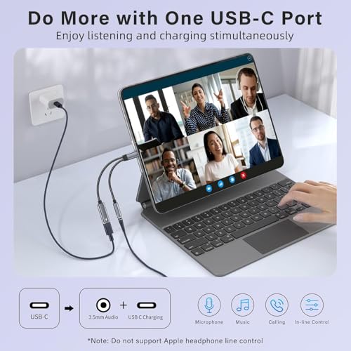 USB C to 3.5mm Headphone and Charger Adapter, 2 in 1 Jack Adapter Hi-Res DAC Fast Charging Dongle Cord Compatible with Google Pixel 5 4 3 XL, Galaxy S21/S21+ Note 10/20, Gray