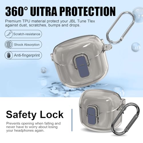 [Secure Lock] Clear Case for JBL Tune Flex Case Cover Compatible with JBL Tune Flex True Wireless Noise Cancelling Earbuds Anti-Scratch Protective Cover with Keychain (Clear Grey) - color: Clear Grey