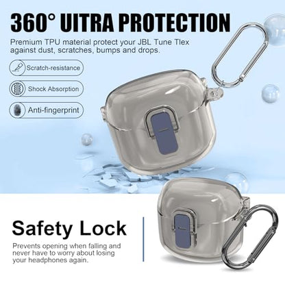 [Secure Lock] Clear Case for JBL Tune Flex Case Cover Compatible with JBL Tune Flex True Wireless Noise Cancelling Earbuds Anti-Scratch Protective Cover with Keychain (Clear Grey) - color: Clear Grey