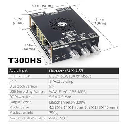 600W Audio Amplifier Board with Treble and Bass Control, TPA3255 Chips, DC 19-51V, Bluetooth 5.2 and AUX Inputs, 2.0 Channel Stereo AMP Board for DIY Wireless Speakers - color: Black1 T300HS