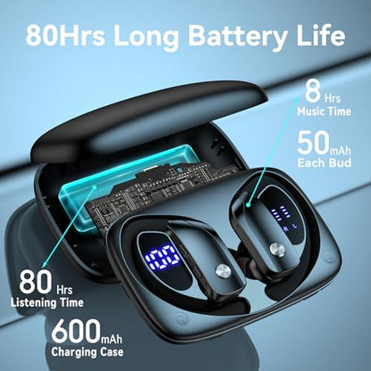 bmani Ear Buds Wireless Earbuds Bluetooth Headphones with 80H Playtime LED Display Case, Over-Ear Hook with Mic, Stereo Sound, Easy Button Controls, Sports Earphones for Running Workout Gym Black - color: Black, style: Standard