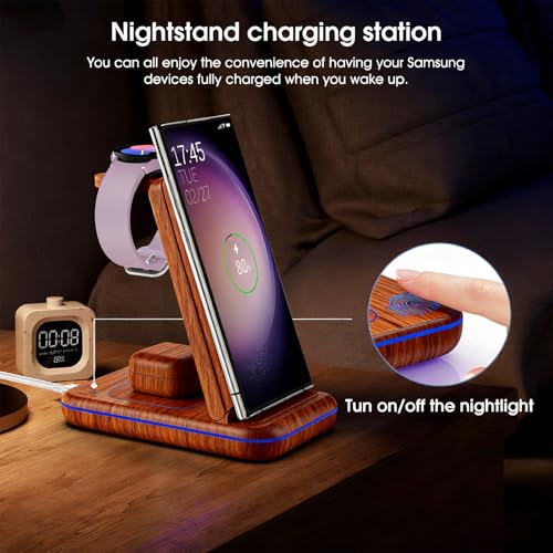 Wireless Charging Station for Samsung/Android, Fast Wireless Watch Charger Station Compatible for Samsung Galaxy S26 Ultra/S25/S24+/Z Flip 7/6 Fold 7/6, Watch8/7/Pro/Active 2 Galaxy Buds3/2 Pro(Wood) - color: Wood