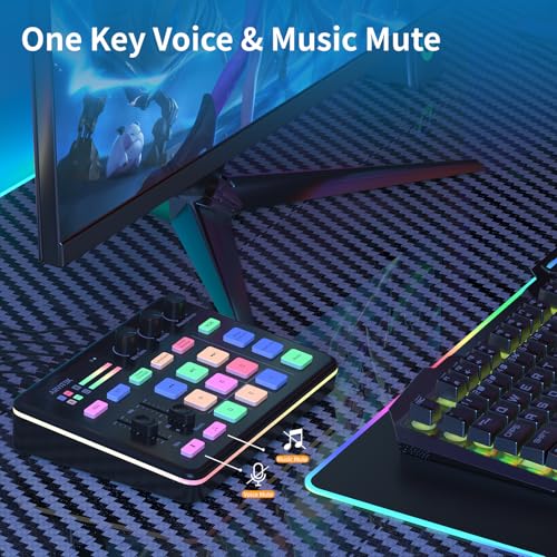 Gaming Audio Mixer for PC, Audio Interface Sound Board w/RGB Effect, Support Bluetooth, XLR/TRS Microphone, 48V Phantom Power, Voice Changer Live Streaming, Podcasting, Content Create(Not for USB Mic)