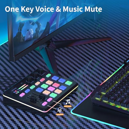 Gaming Audio Mixer for PC, Audio Interface Sound Board w/RGB Effect, Support Bluetooth, XLR/TRS Microphone, 48V Phantom Power, Voice Changer Live Streaming, Podcasting, Content Create(Not for USB Mic)