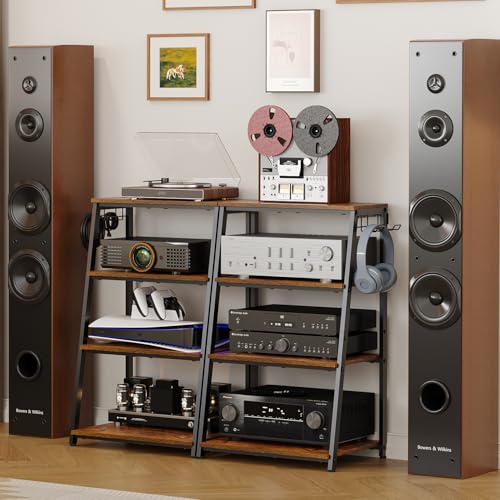 4-Tier AV Media Stand with 2 Hooks,Heavy Duty Stereo Cabinet Furniture-Large Stereo Rack and Game Console Stand,Wooden Record Player Stand,Audio Stand Perfect for DVD Players/Game Console/TV Box/Xbox - style: Regular