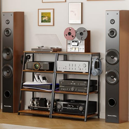 4-Tier AV Media Stand with 2 Hooks,Heavy Duty Stereo Cabinet Furniture-Large Stereo Rack and Game Console Stand,Wooden Record Player Stand,Audio Stand Perfect for DVD Players/Game Console/TV Box/Xbox - style: Regular