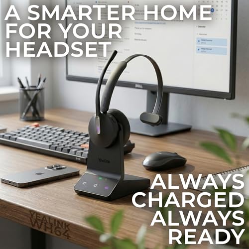 Yealink WH64 Wireless DECT Headset & Bluetooth MS Mono, Teams & Zoom Compatible, Acoustic Shield 2.0, 3-Mic Noise Cancellation, All-Day Comfort, Plug & Play for PC, Phone & UC Platforms, Long Battery - style: WH64 Mono-MS
