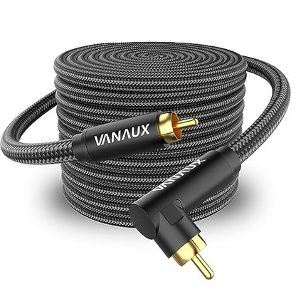 VANAUX Subwoofer Cable 90 Degree RCA to RCA Audio Stereo Cable Male to Male 24K Gold Plated Connector Nylon Braided Double Shielded Clean Sounding Signal Black/25ft/8m - color: 90°Design RCA, size: 25ft/8m