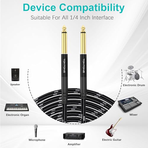 1/4 Inch Guitar Cable 2-Pack, 3.3FT, 6.35mm TRS Balanced Audio Cable | Quarter Inch TRS to TRS Balanced Stereo Instrument Cable for Electric Guitar, Bass, Keyboard, Mixer and Amplifier - size: 3.3 FT