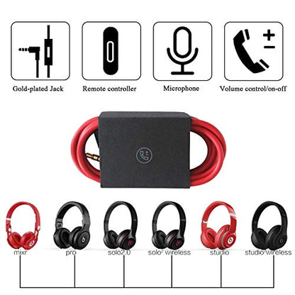 Solo 3 Headphone 3.5mm to 3.5mm Audio Cable Cord line with Upgraded Microphone Compatible with Beats by Dre Headphone Solo/Studio/Pro/Detox/Mixr/Executive/Pill HD Sound Quality (Red) - color: Red