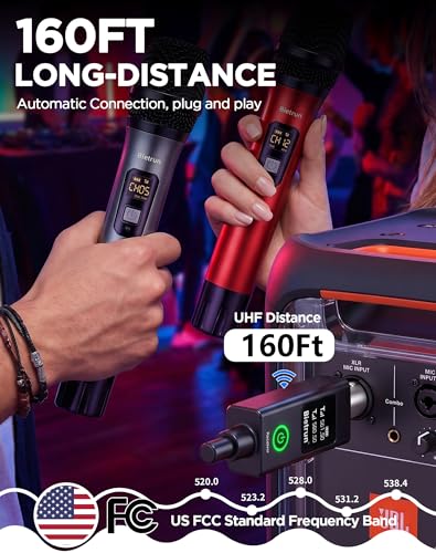 Bietrun XLR Wireless Microphone, UHF Dual Handheld Dynamic Metal Mic Set with Rechargeable Receiver, XLR to 1/4'' Adapter, for Karaoke, Church, Wedding, Party Singing(160 ft Range)(Auto Connect) - color: Grey Red with receiver