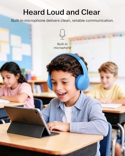 Belkin SoundForm Mini 2 Bluetooth Kids Headphones, On Ear, 55H Battery Life | Toddler headphones with Case, 85dB Volume Limit, Built-in Mic, Wired Connection Option, iPad, Android Tablet, School, Travel - color: Blue