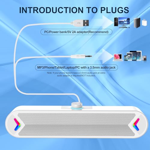 LENRUE Computer Speakers,PC Speakers for Desktop,Wired USB-Powered Sound-bar for Computer with 10W Stereo Sound and Colorful Light,Plug-n-Play (White-AUX) - color: AUX-White