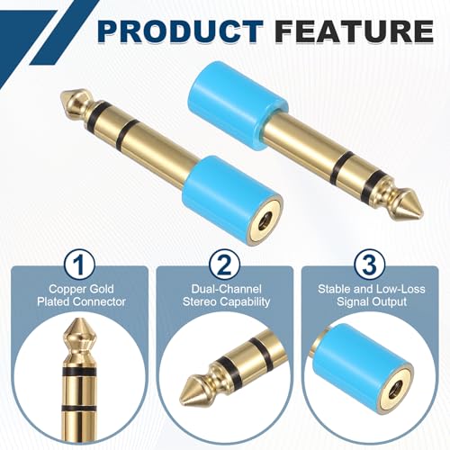 MECCANIXITY 2Pcs TRS 6.35mm Male to 3.5mm Female 1/4" Plug to 1/8" Blue | Stereo Headphone Adapter, Jack, Audio Converter, Pure Copper, Gold Plated, for Guitars Speakers Computers - color: Blue
