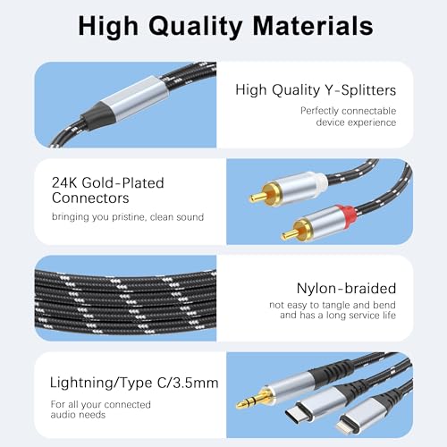 3.5mm to RCA Cable, Lightning to RCA Male to Aux Audio Adapter HiFi Sound Headphone Jack Adapter,(3 in 1 Audio Cable) Connector for iPhone/iPad Speaker MP3 Tablet HDTV(10FT) - size: 10FT, style: 3IN2RCA