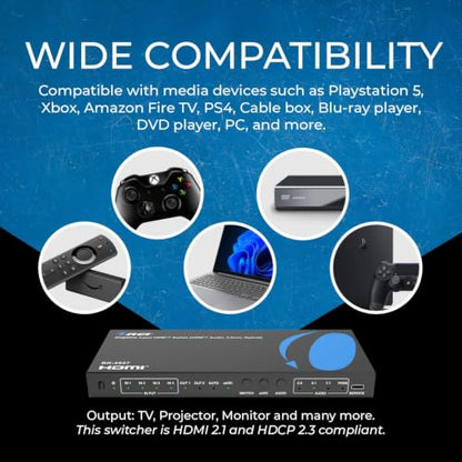 OREI 8K 4-Port HDMI Switch, HDMI Audio, 3.5mm, Optical, Dolby Atmos, DTS:X
