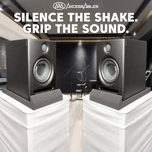 AxcessAbles Studio Monitor Isolation Pads for 3-5 Inch Speakers | High-Density Acoustic Foam Speaker Risers | Angled Sound Isolation Pads for Recording, Mixing, DJ, Home Studio - size: 3" to 5" Speakers