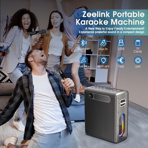 Karaoke Machine for Adults, Portable Bluetooth Karaoke Speaker with 2 Wireless Microphones, 2 Voice Mode & LED Party Lights, Party Birthday Gifts for Kids Family,Supports BT/TWS/AUX/USB/TF