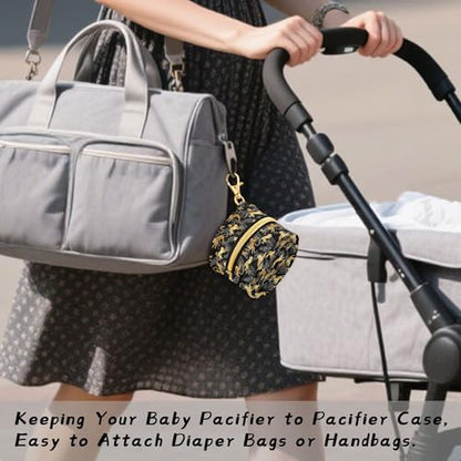 Pacifier Case Gold Monkey Leaf Jungle Printed Waterproof Pacifier Holder Pouch with Metal Hook Clip Round Small Soother Storage Bag for Diaper Bag Stroller - color: Gold Monkey Leaf Jungle