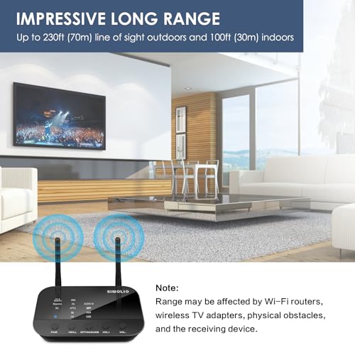 SIMOLIO aptX Low Latency & HD Bluetooth Transmitter for TV, Long Range Bluetooth Audio Adapter for 2 Wireless Headphones, Bypass to Soundbar, HiFi Bluetooth Receiver for Home Stereo, Wired Speaker