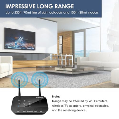 SIMOLIO aptX Low Latency & HD Bluetooth Transmitter for TV, Long Range Bluetooth Audio Adapter for 2 Wireless Headphones, Bypass to Soundbar, HiFi Bluetooth Receiver for Home Stereo, Wired Speaker