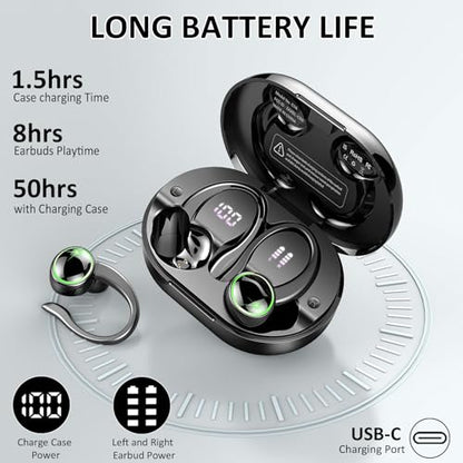 Matast 2026 Wireless Earbuds, 50 Playback Over-Ear Buds with ENC Noise Cancelling Mics, IP7 Headset with Earhook, LED Display, Deep Bass Fitness Earphones, Bluetooth 5.4 Headphones Sports,