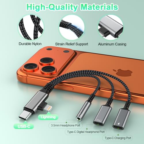 3-in-2 USB C/Lightning to 3.5mm Audio Jack Headphone+USB C Earphone Jack+Type-C Charger Splitter,Apple Aux Adapter for iPhone 16 15 14 13 12 XR/XS/Pro Max/Plus,iPad Pro/Air,Samsung Galaxy S24—Silver