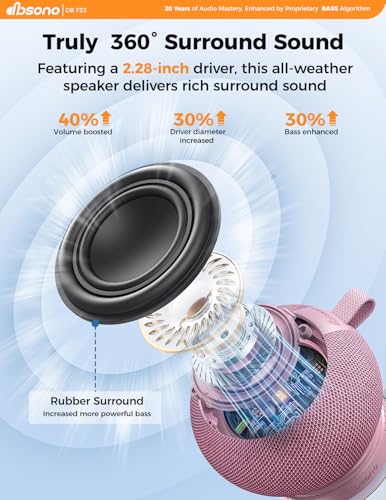 Bluetooth Shower Speaker IPX7 Waterproof: Removable Suction Cup, Pink | 360° Surround Sound, Vacuum-Lock, RGB Light, Portable Wireless Speaker for Beach, Pool, Kayak, Gifts for Adults Teens - color: Pink