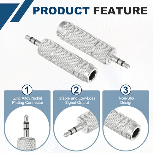 MECCANIXITY 4Pcs TRS 3.5mm Male to 6.35mm Female 1/8" Plug to 1/4" Silver | Stereo Headphone Adapter, Jack, Audio Converter, Nickel Plated, for Guitars Speakers Laptops Signal Conversion - color: Silver