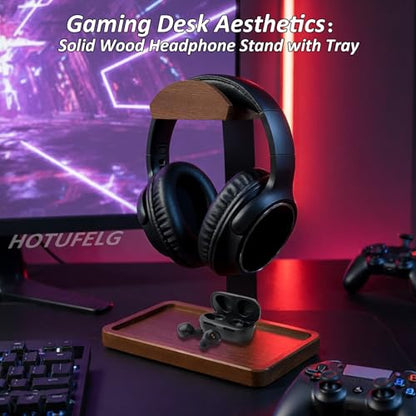 2-in-1 Wood Universal Headphone Stand With Storage Tray And Wood Arc Top