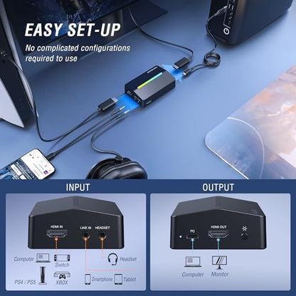 Fifine AmpliGame Video Capture Card, HD 1080 60fps for Audio Video, Gaming, Live Streaming, 4K HDMI to USB Capture Card Compatible with PS4/Windows/Mac OS/Switch/Xbox-V3 | 1080p 60fps capture, 4K 30fps, Flowing RGB Lighting, 3.5mm audio input, for PS5, PS