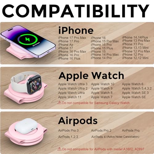HICOBER 3-in-1 Wireless Charging Station for iPhone, Watch, AirPods, Pink | Charge 3 devices at once, foldable, case-friendly and ready for travel - color: Pink