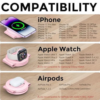 HICOBER 3-in-1 Wireless Charging Station for iPhone, Watch, AirPods, Pink | Charge 3 devices at once, foldable, case-friendly and ready for travel - color: Pink