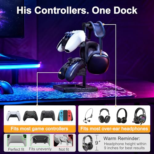 Solid Wood Controller Holder and Headphone Stand, Controller Stand for Desk | Dual Gaming Controller Organizer Rack, Fits Xbox, PS4, PS5, Gamepad, Headset Holder for Son, Husband, Boyfriend-Black