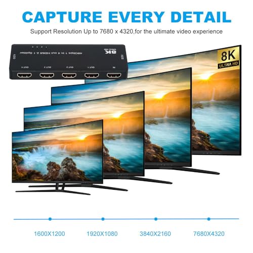 Xiwai HDMI Splitter 1-IN-4-OUT 8K 60hz Ultra-HD Converter Box Compatible 2.1 Switch 48Gbps UHD Hub Support Mirror HDCP SST Extended 4K@120hz 3.5mm Audio - style: HDMI Switch 2.1 (1 to 4 )with Cable