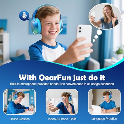 QearFun Kids Bluetooth Headphones, 60H Playtime, 74/85/94dB Volume Limit | For school, tablet, travel, kids wireless headphones feature HD mic, fast charging, foldable design, boys girls, wired mode - color: Blue