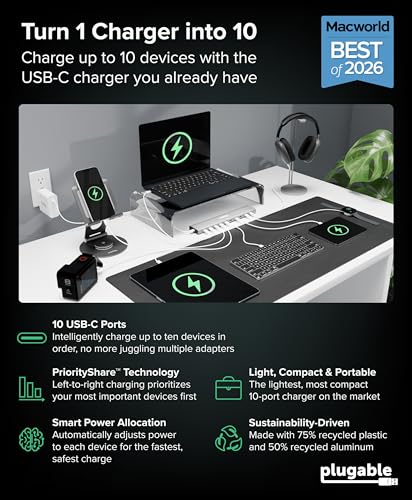 Plugable 10 Port USB C Charging Station, Up to 100W Charger for Multiple Devices with Priority Charging, Desktop Power Hub for USBC Devices Including Laptops Phones Tablets Earbuds and More (PS-10CC)