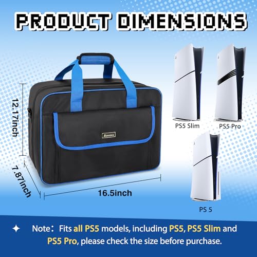 Carrying Case Compatible with PS5, PS5 Slim& Pro, Padded Travel Case | Storage for 2 Controllers, Headset & Cables, Padded Interior, Water-Resistant Exterior, Hold-Down Strap, Bag Only
