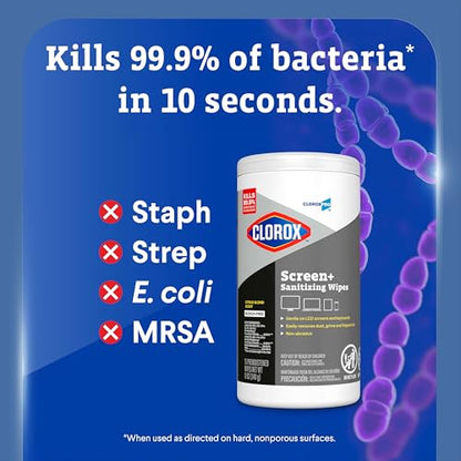 CloroxPro Clorox Screen+ Sanitizing Wipes, Disinfecting Wipes for Electronics, Gentle on Phones, Tablets, LCD Screens, Laptops and Sensitive Surfaces, Citrus Blend Scent, 1 Canister, 75 Wipes - size: 75 Count (Pack of 3)