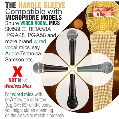 SM58 Wired Microphone Cover Decorate Universal Mic SM58LC, Beta 58a, Glitter Rhinestones Sleeve Replacement Shining on Wedding Party