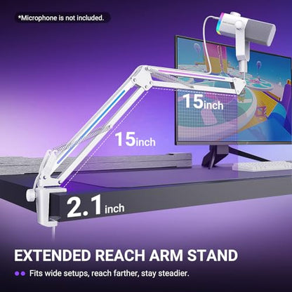 FIFINE AmpliGame BM38W Heavy Duty RGB Microphone Boom Arm for Gaming | Podcasting C-Clamp Desktop Mic Mount, Angle Adjustment, 3/8" to 5/8" Screw, for FIFINE AM8 - color: White