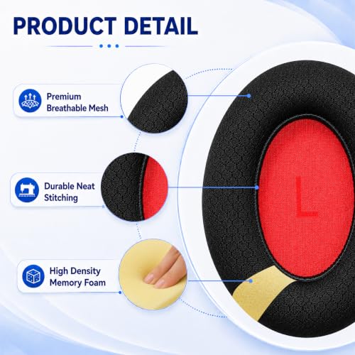Replacement Ear Pads for 1MORE SonoFlow/SonoFlow SE/SonoFlow Pro Headphones, Protein Leather Earpads Cushions with Memory Foam, Extra Thick Ear Cups, 1 Pair，Black-Mesh Fabric