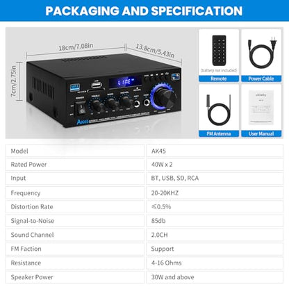 Bluetooth 5.0 Audio Amplifier Receiver AK45 HiFi Stereo Mini Power Amps | RMS 40W x 2 Max. 600W 2.0 Channel Home Theater Audio Components Speakers Amp W/MIC,USB, RCA,FM Radio - color: AK-45(2.0CH 40W+40W RMS)